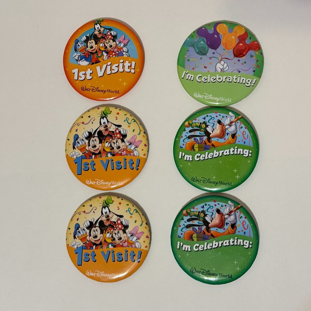 Lot of 6 Walt Disney World Celebrating Buttons 1st Visit